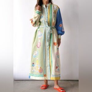 ALEMAIS Elixir Shirt Dress Maxi in Yellow, Green and Blue, New with Tags